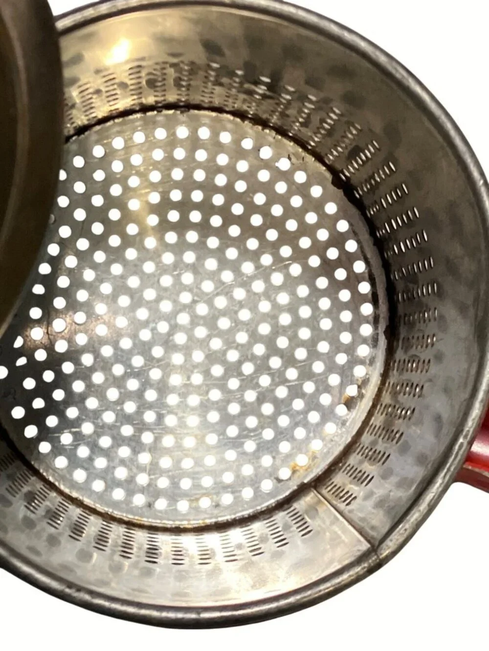 Red Metal Potato Ricer With Perforated Basket And Press Handle Vintage